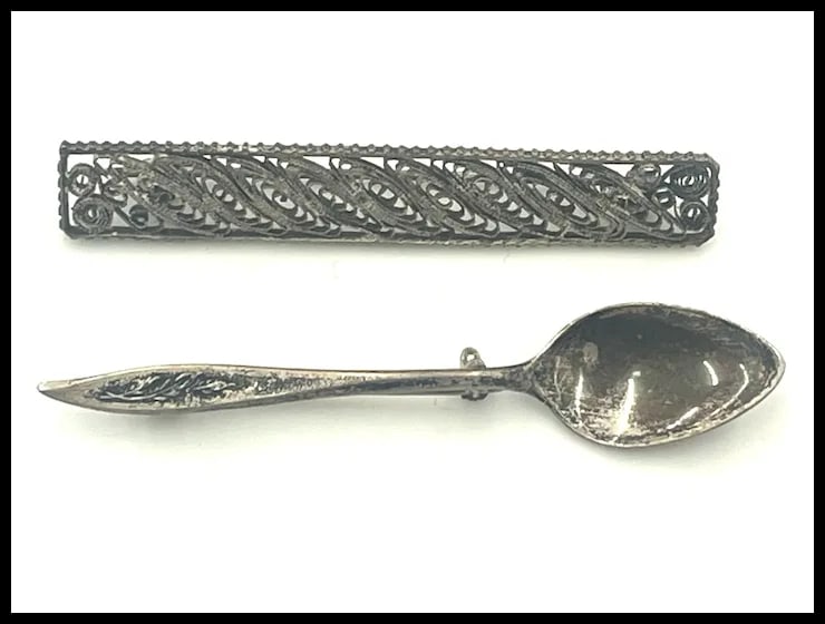 Vintage Sterling Silver Spoon Brooch and Silver Filigree Bar Pin - 2