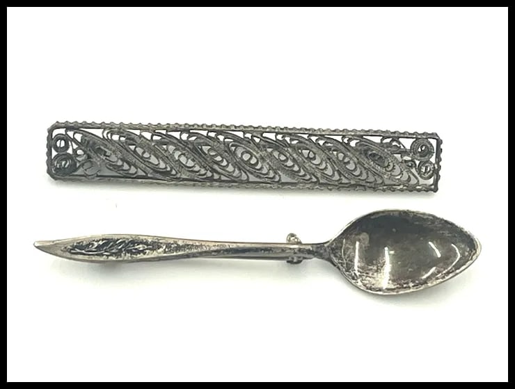 Vintage Sterling Silver Spoon Brooch and Silver Filigree Bar Pin - 3