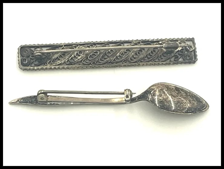 Vintage Sterling Silver Spoon Brooch and Silver Filigree Bar Pin - 4