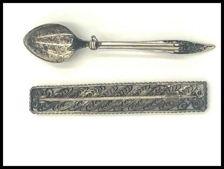 Vintage Sterling Silver Spoon Brooch and Silver Filigree Bar Pin - 5