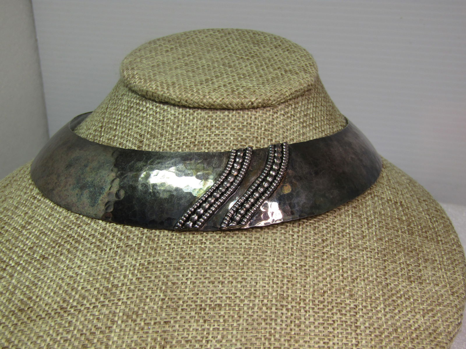 Vintage Hammered Collar Necklace with Faux Marcasite Raised Accents, 15", 1970's-1980's - 2