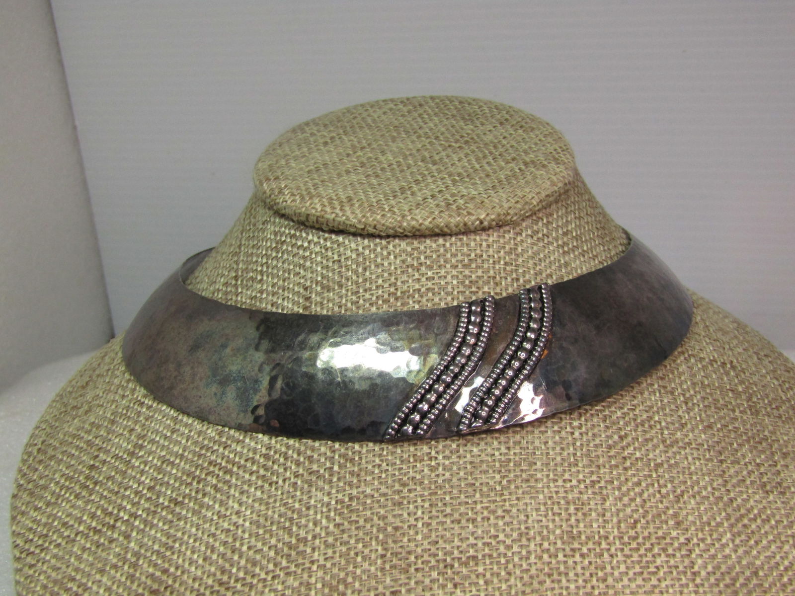 Vintage Hammered Collar Necklace with Faux Marcasite Raised Accents, 15", 1970's-1980's - 3