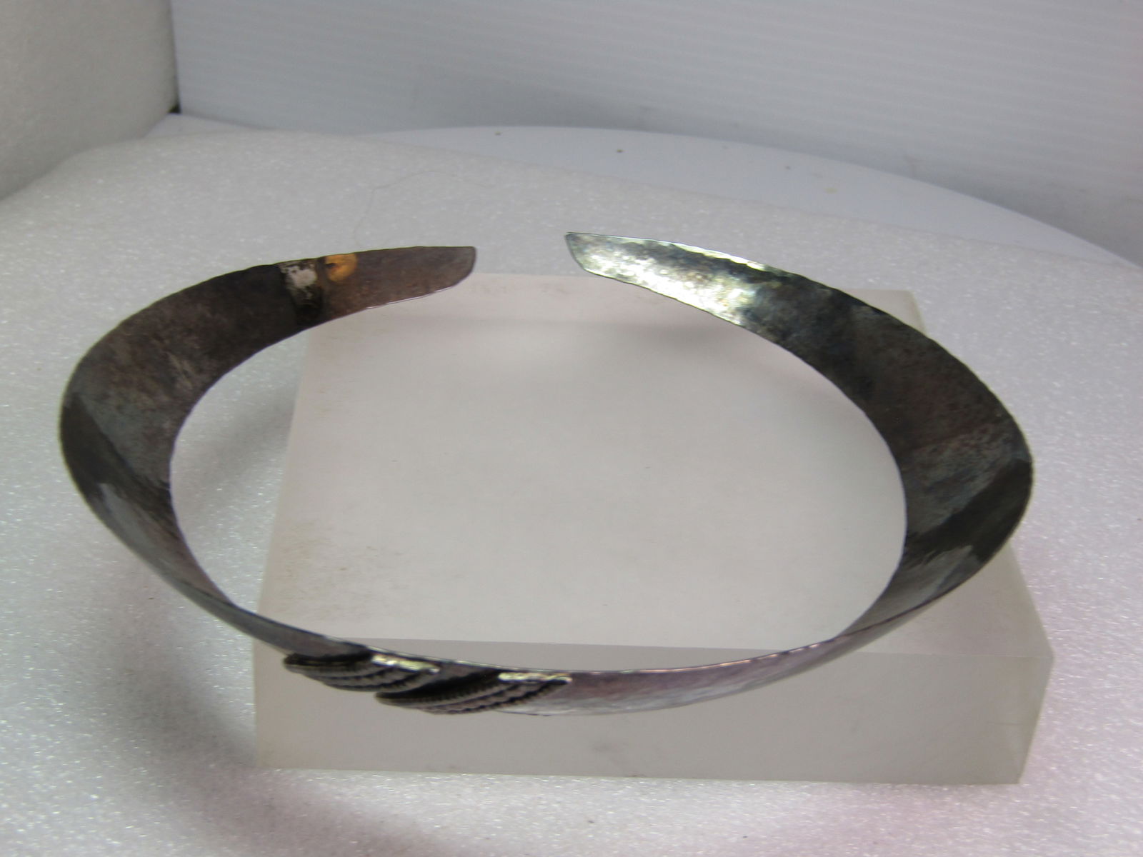 Vintage Hammered Collar Necklace with Faux Marcasite Raised Accents, 15", 1970's-1980's - 7