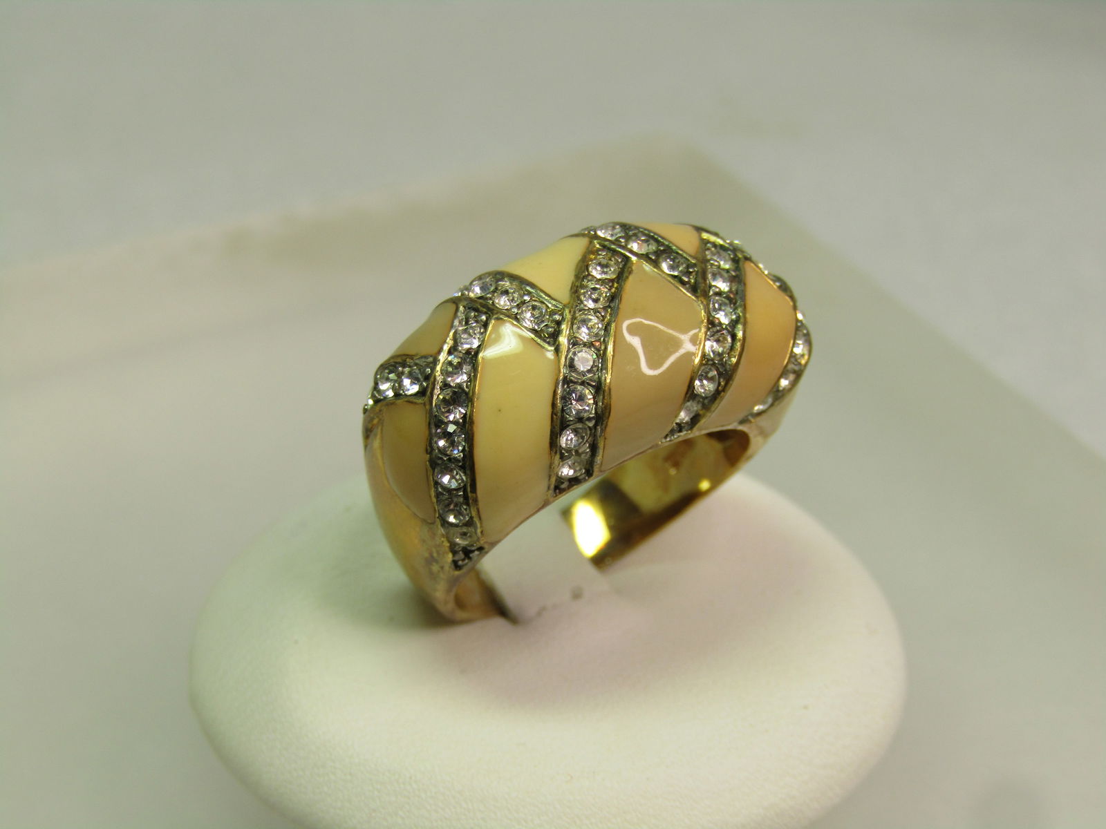 Vintage Tan Enameled Clear RS Ring, Sz. 8.25, Signed Joan Rivers, 1990's - 3