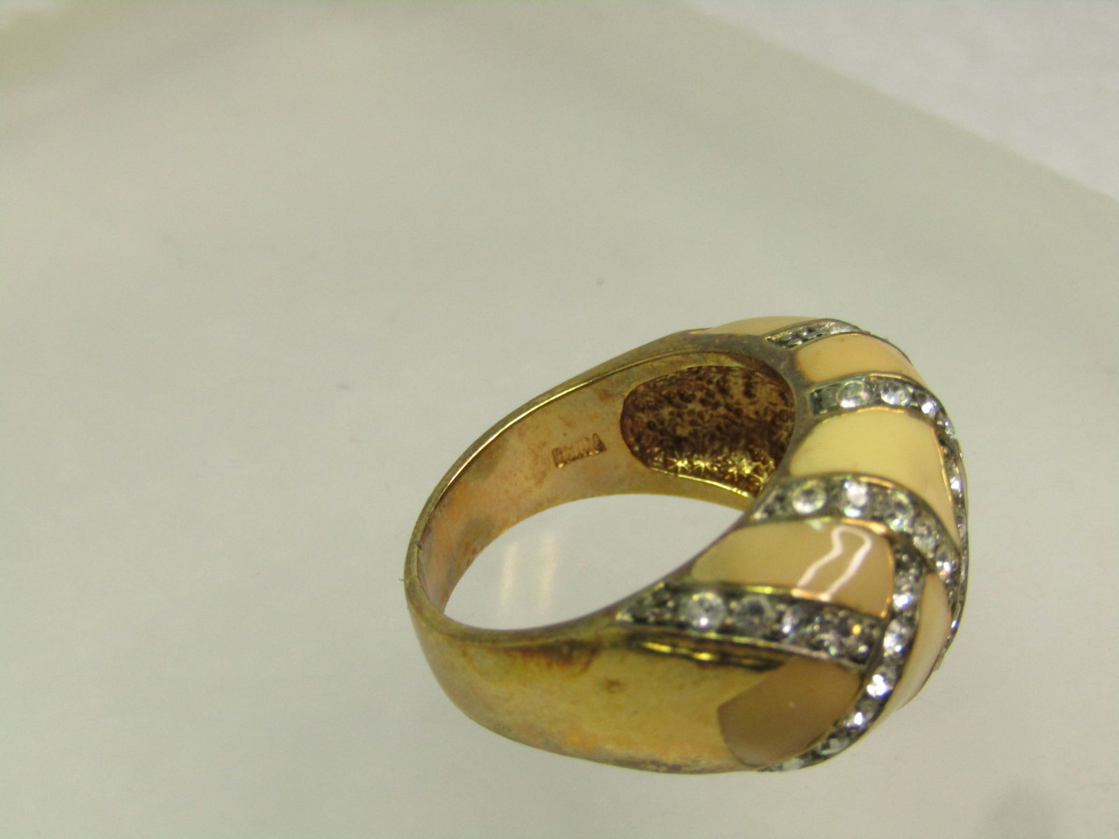 Vintage Tan Enameled Clear RS Ring, Sz. 8.25, Signed Joan Rivers, 1990's - 4