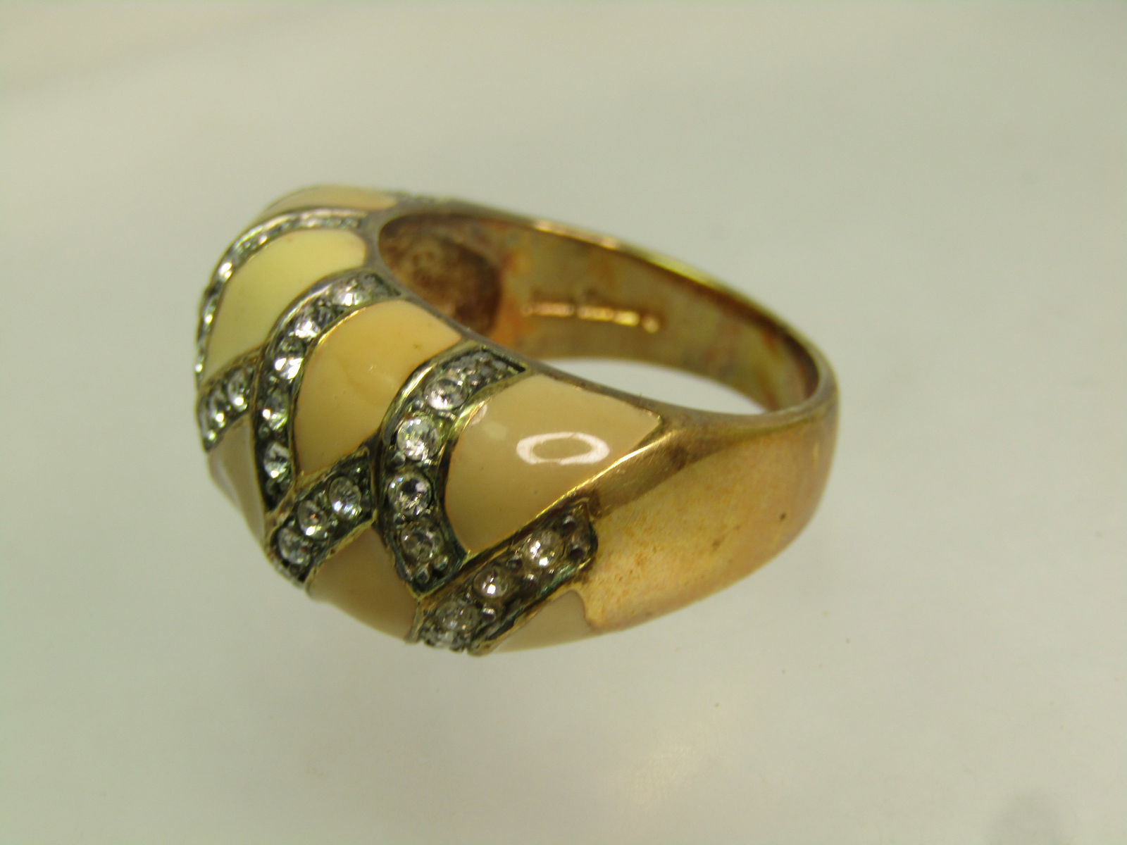 Vintage Tan Enameled Clear RS Ring, Sz. 8.25, Signed Joan Rivers, 1990's - 5