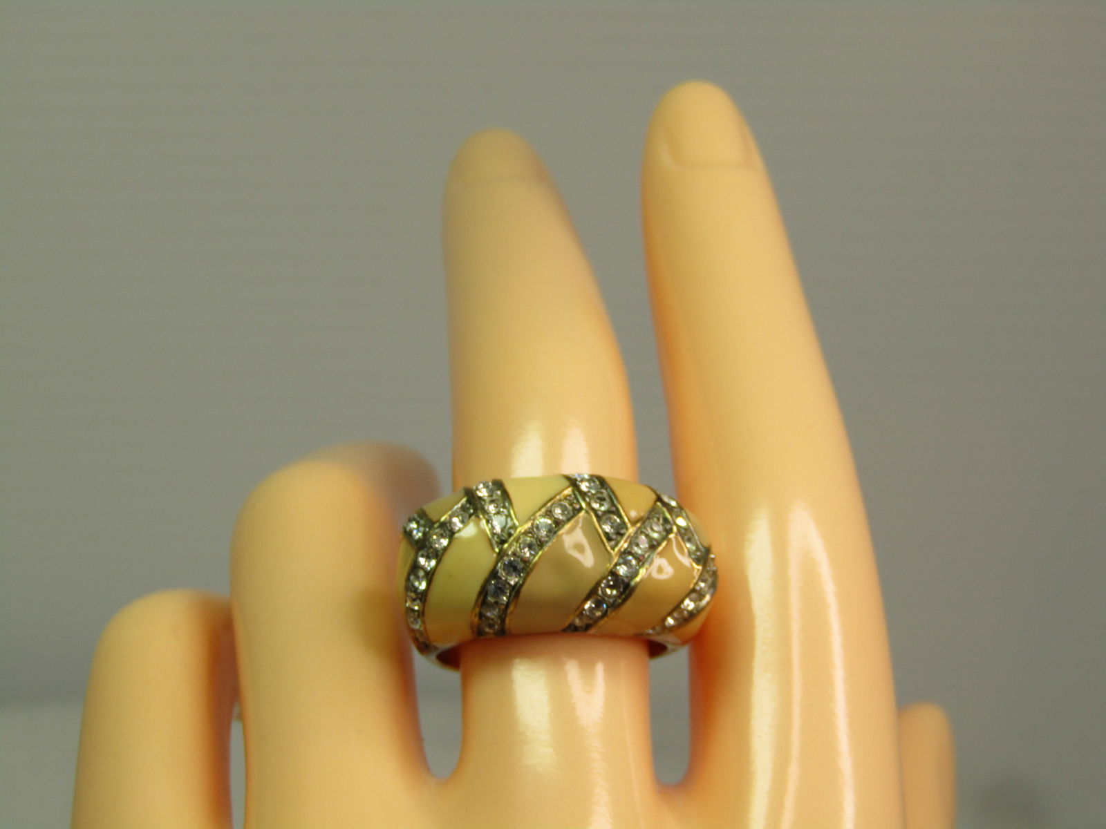 Vintage Tan Enameled Clear RS Ring, Sz. 8.25, Signed Joan Rivers, 1990's - 6