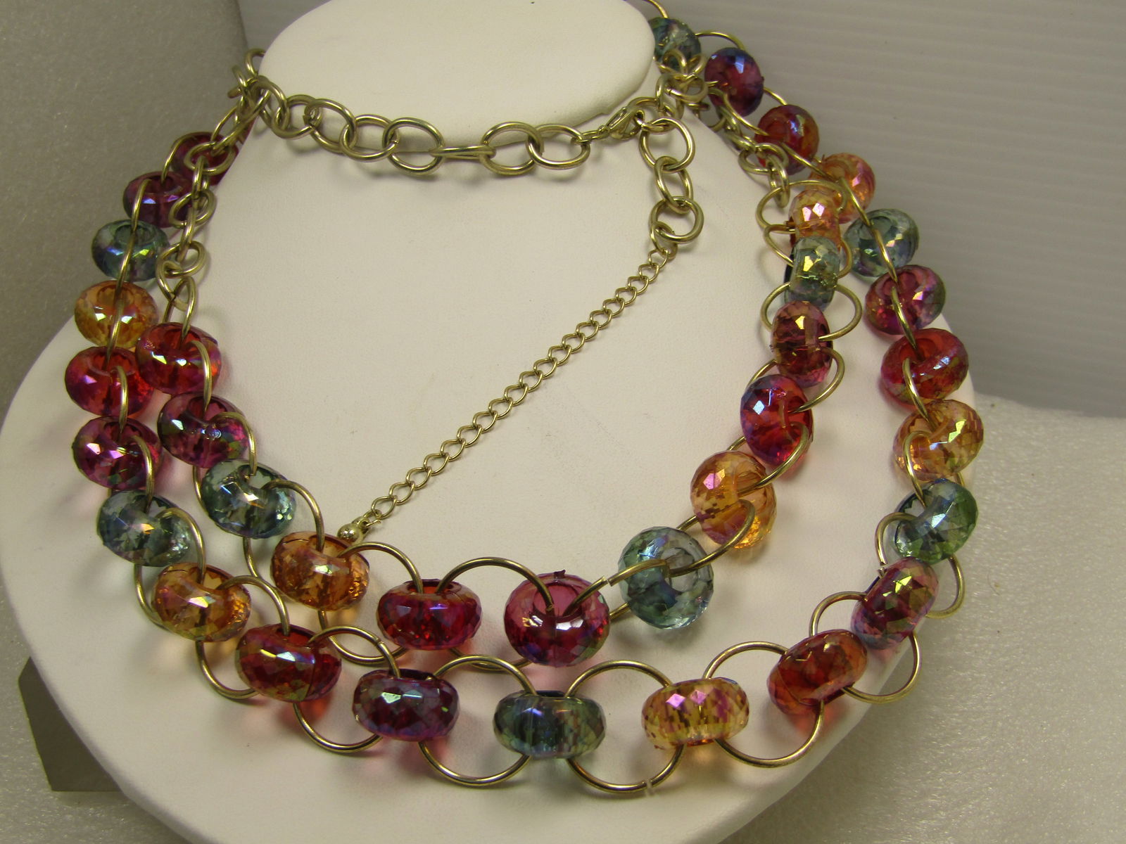 Vintage Aurora Borealis Clear Green/Orange/Pink Necklace, Double-Strand, 30"32", 1980's - 2