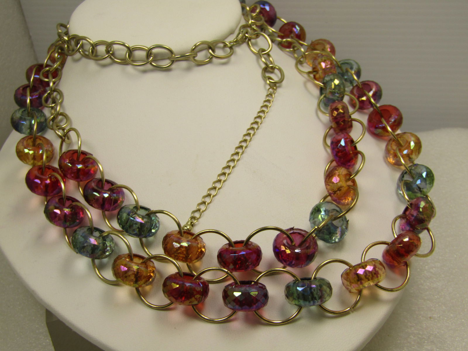 Vintage Aurora Borealis Clear Green/Orange/Pink Necklace, Double-Strand, 30"32", 1980's - 3