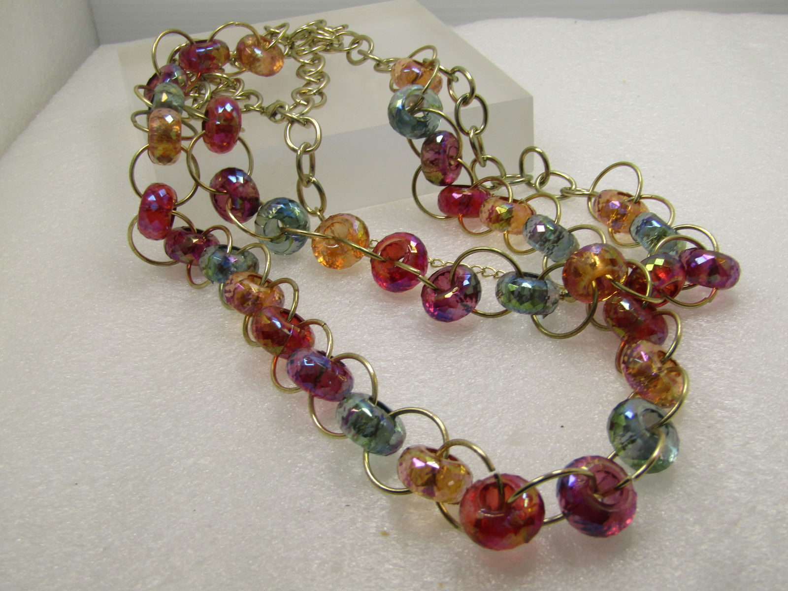 Vintage Aurora Borealis Clear Green/Orange/Pink Necklace, Double-Strand, 30"32", 1980's - 5
