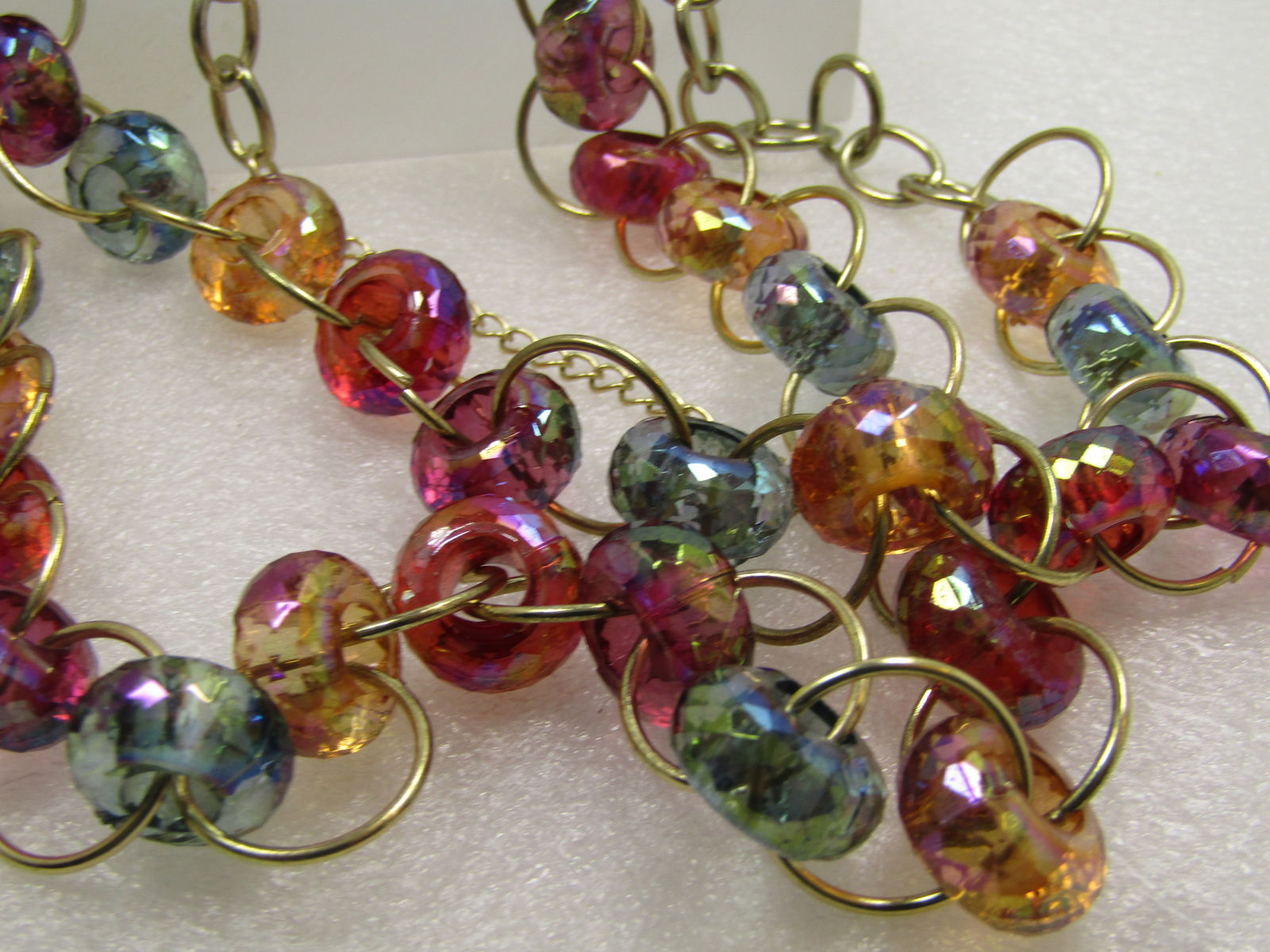 Vintage Aurora Borealis Clear Green/Orange/Pink Necklace, Double-Strand, 30"32", 1980's - 6