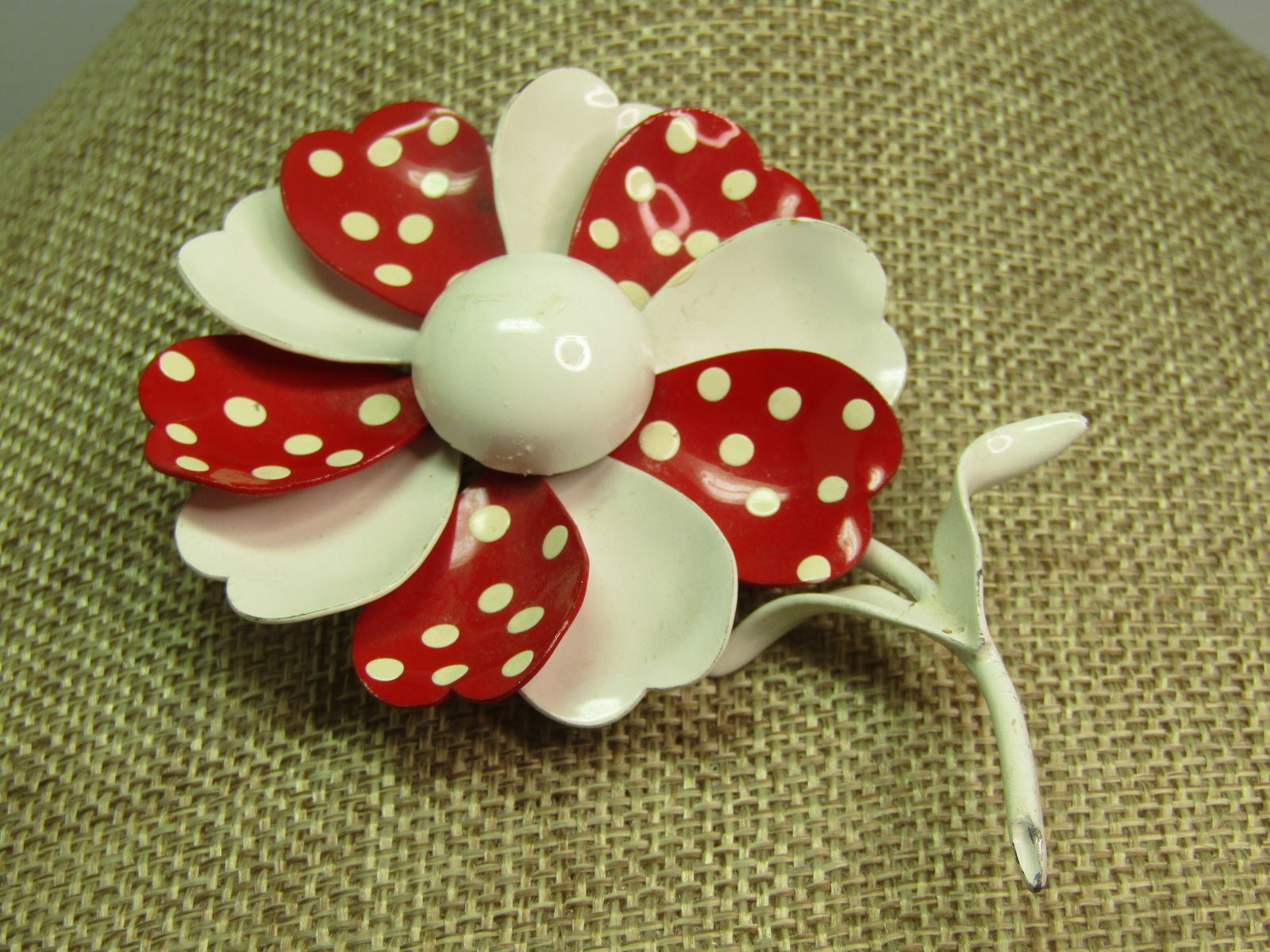 Vintage Enameled Red/White Floral Stem Brooch, 1960's-1970's: Vintage Enameled Red/White Floral Stem Brooch, 1960's-1970's. This is 3.5" tall and 2.5" wide at the blossom. The blossom has red petals withe white dots alternating with all white petals and each