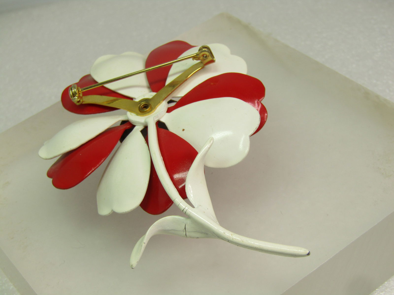 Vintage Enameled Red/White Floral Stem Brooch, 1960's-1970's - 4