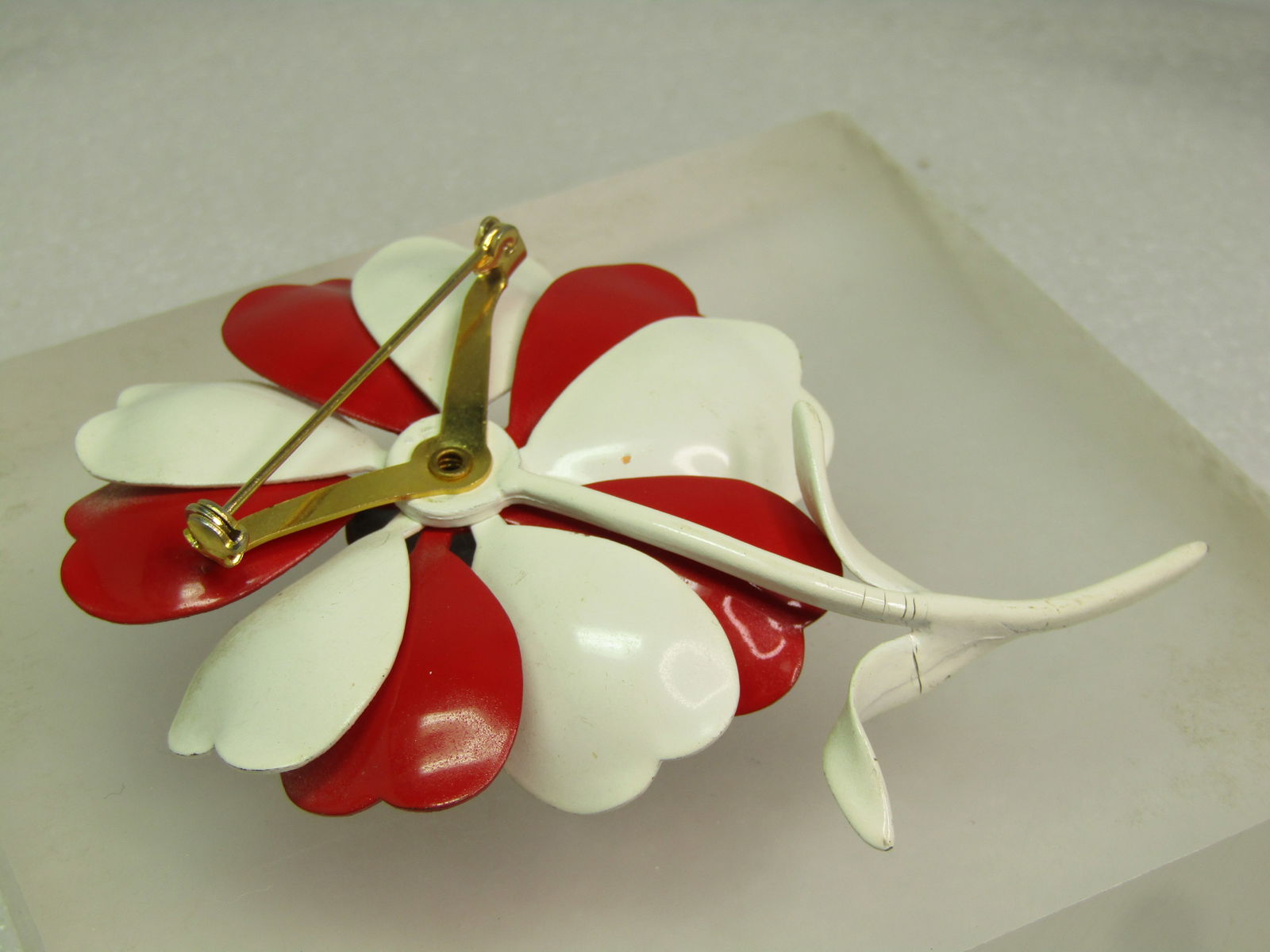 Vintage Enameled Red/White Floral Stem Brooch, 1960's-1970's - 5