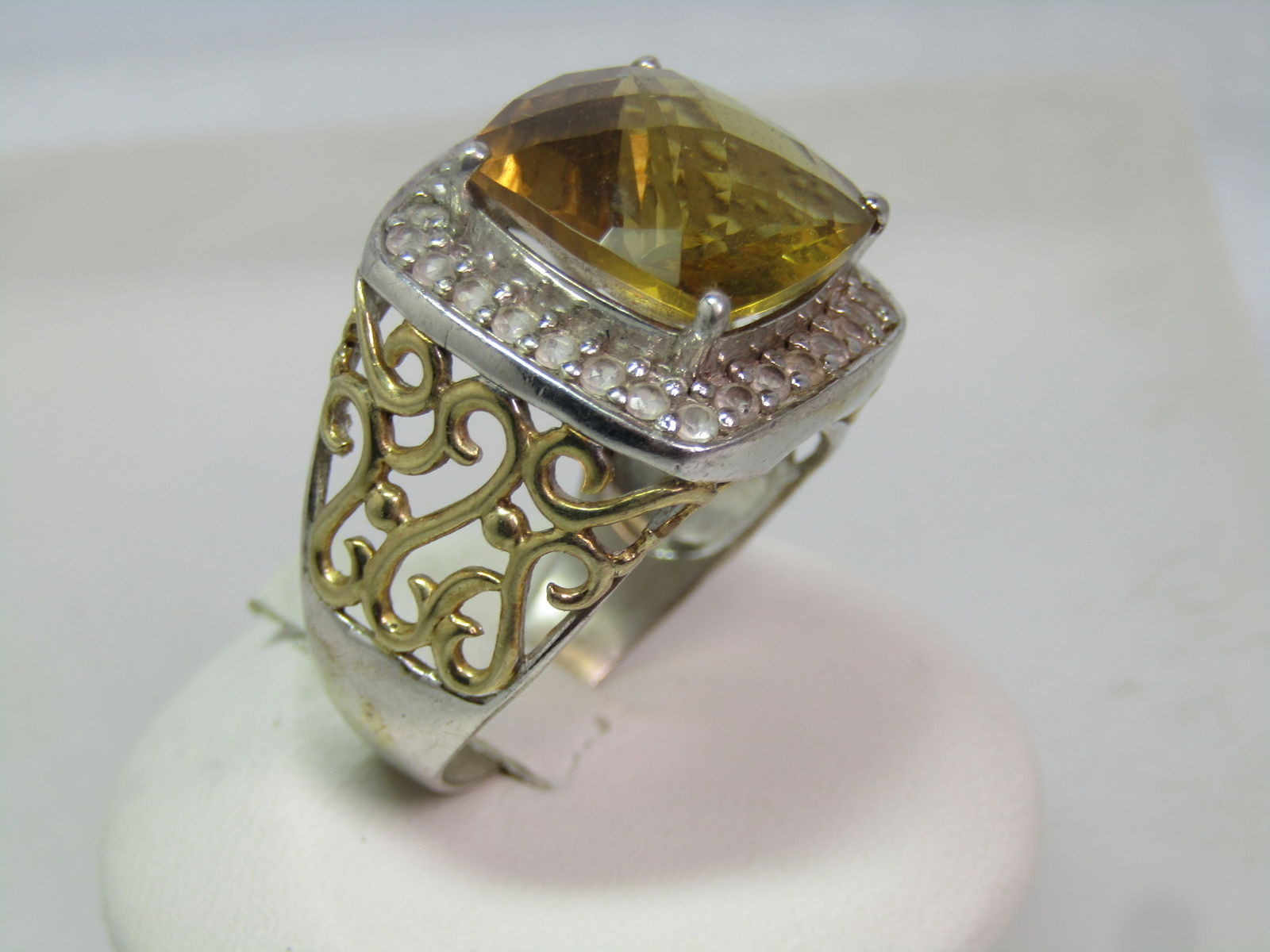 Sterling Citrine & Topaz Statement Ring, Sz. 10.5, CTW 8.92, 1990's - 2