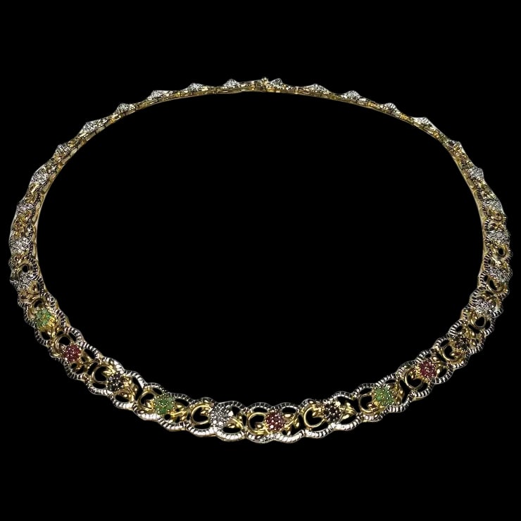 Estate Fancy Ornate Sterling Silver Filigree Necklace with Emeralds and Sapphires: Title: Estate Fancy Ornate Sterling Silver Filigree Necklace with Emeralds and Sapphires Description: Estate Fancy Ornate Sterling Silver Filigree Necklace with Emeralds and Sapphires Hallmarked: 
