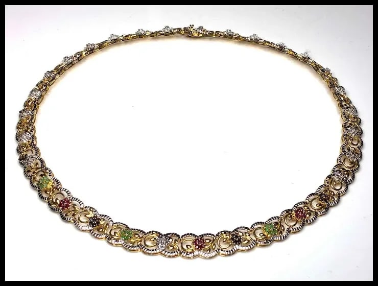 Estate Fancy Ornate Sterling Silver Filigree Necklace with Emeralds and Sapphires - 5