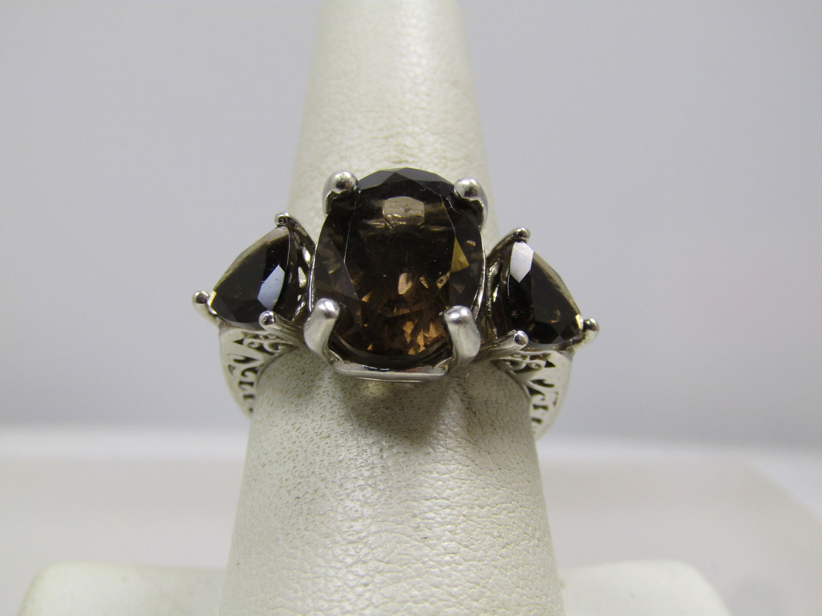 Sterling Triple Smoky Topaz Ring, Sz. 8.5, Signed JRT, Thailand, 1990's - 3