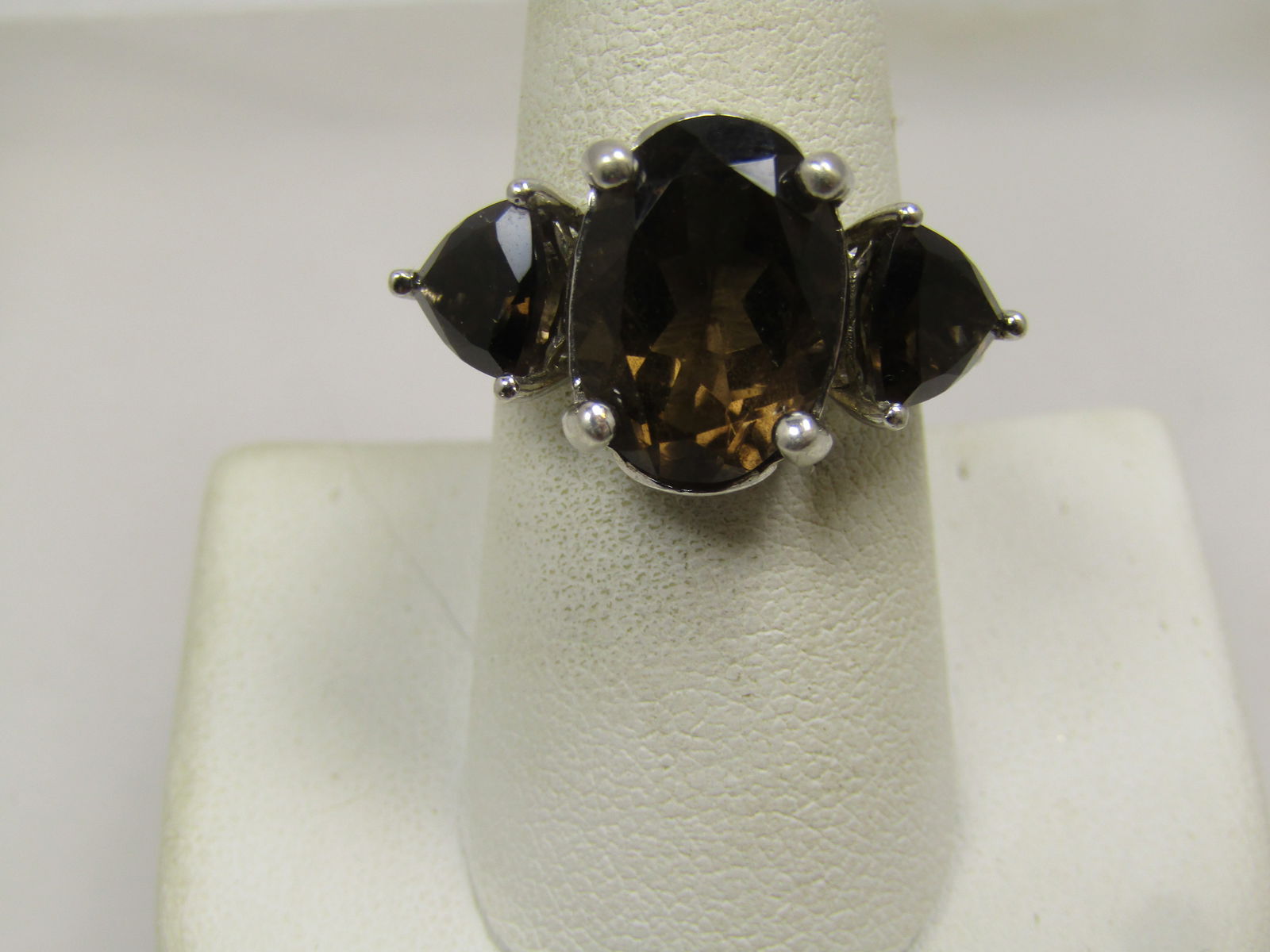 Sterling Triple Smoky Topaz Ring, Sz. 8.5, Signed JRT, Thailand, 1990's - 4