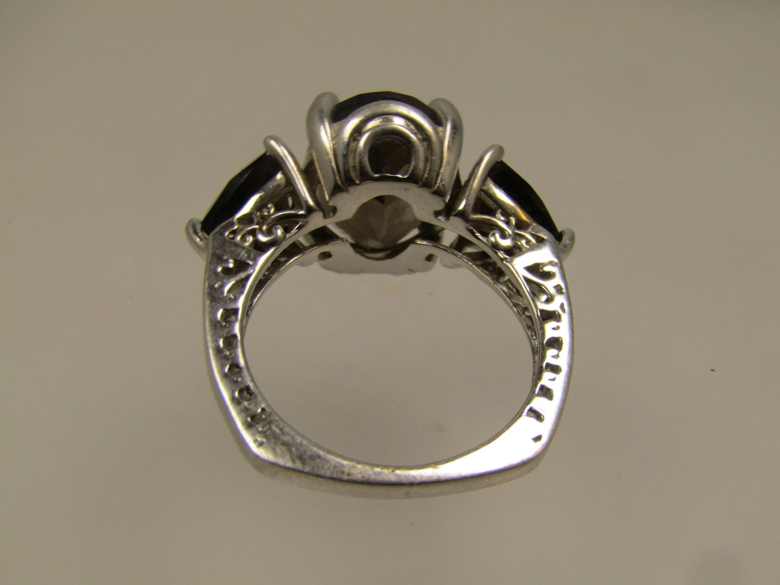 Sterling Triple Smoky Topaz Ring, Sz. 8.5, Signed JRT, Thailand, 1990's - 6