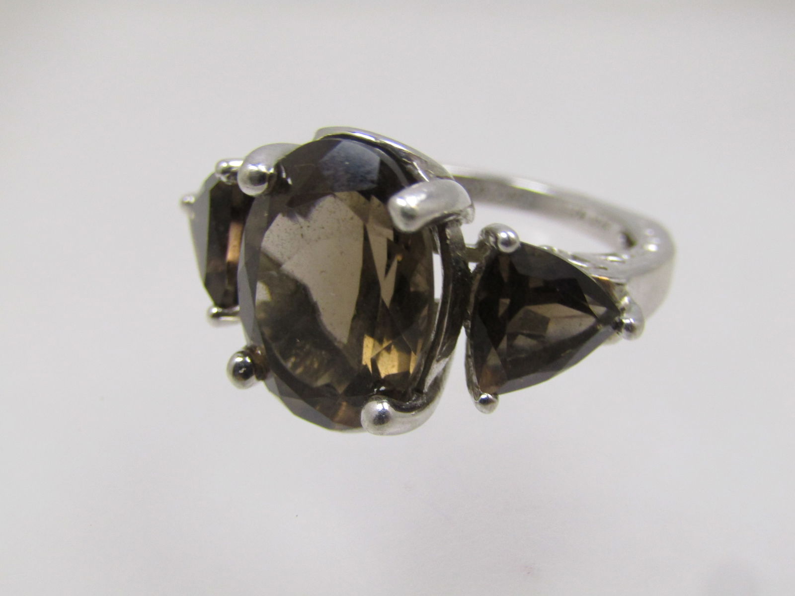 Sterling Triple Smoky Topaz Ring, Sz. 8.5, Signed JRT, Thailand, 1990's - 7