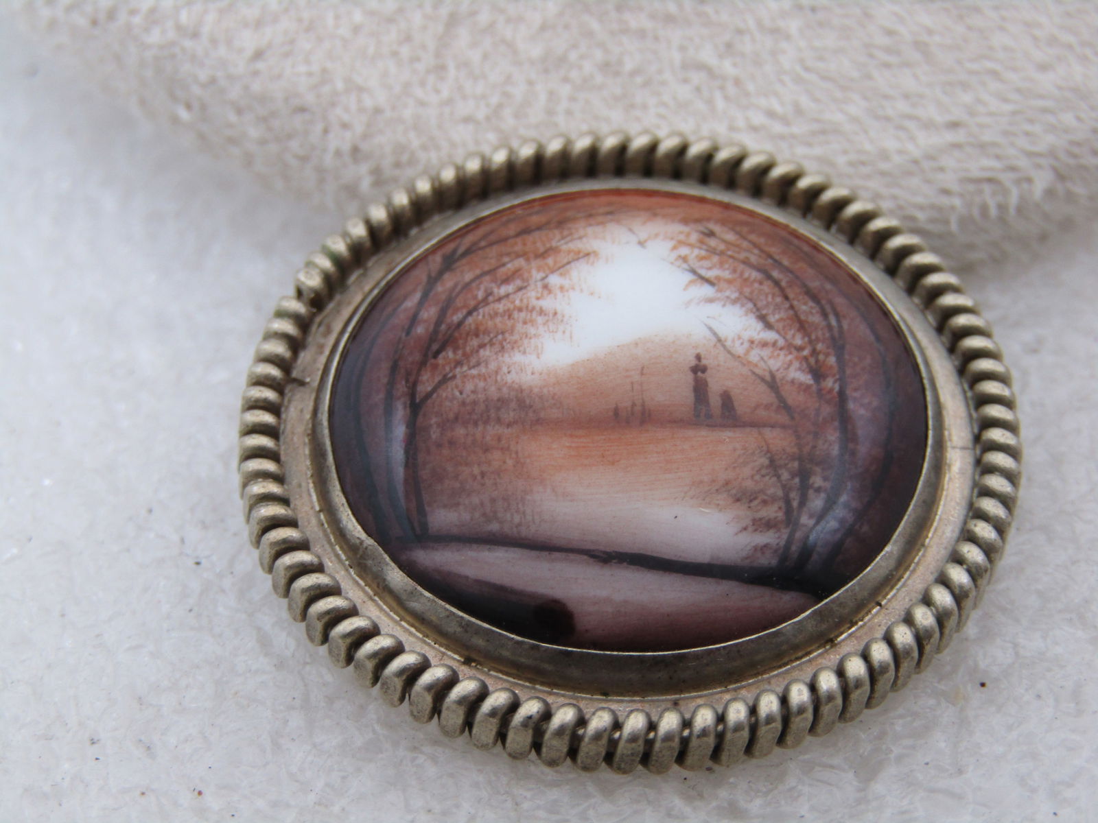 Vintage Painted Scenery Round Brooch, Silver Tone, C-Clasp - 2