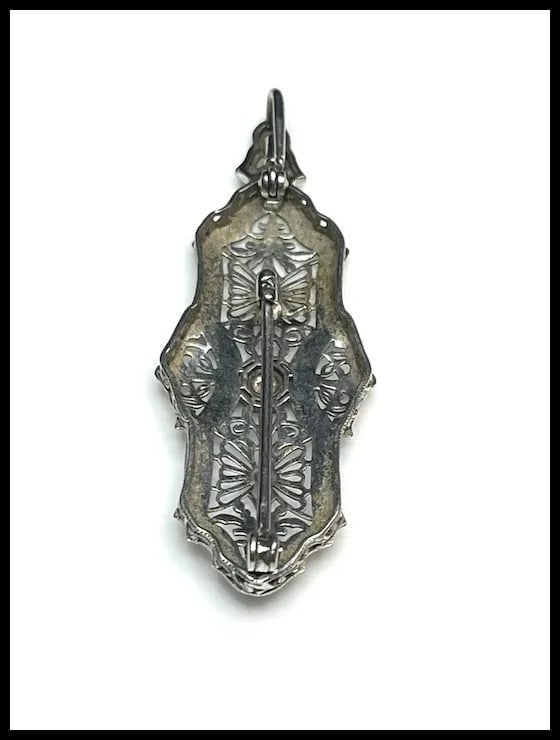 Vintage 14k White Gold Filigree Guilloche Enamel Diamond Retractable Pendant/ Brooch - 11