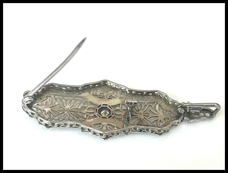 Vintage 14k White Gold Filigree Guilloche Enamel Diamond Retractable Pendant/ Brooch - 12