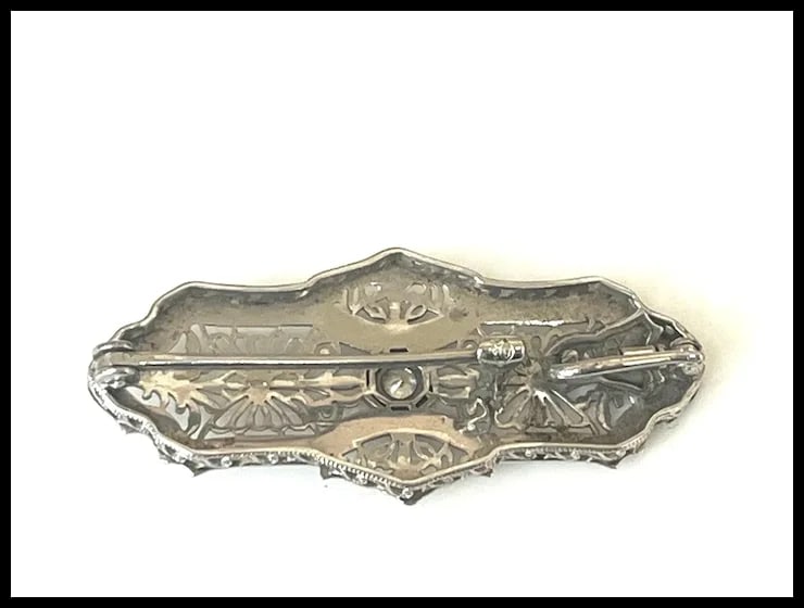 Vintage 14k White Gold Filigree Guilloche Enamel Diamond Retractable Pendant/ Brooch - 13