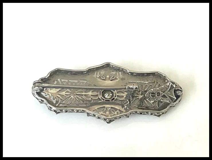 Vintage 14k White Gold Filigree Guilloche Enamel Diamond Retractable Pendant/ Brooch - 15