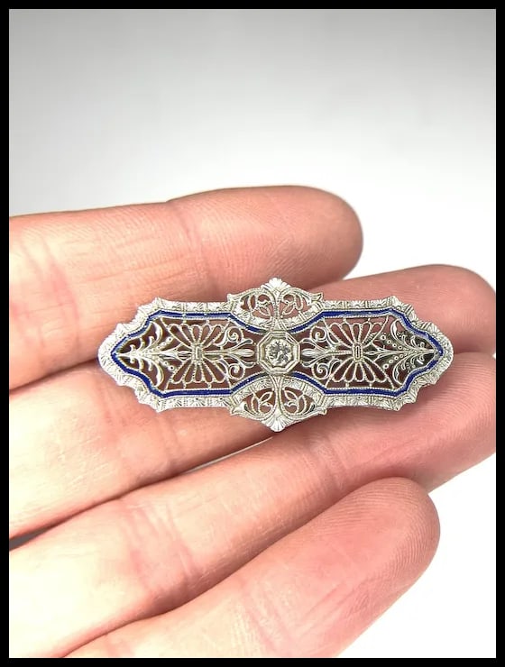 Vintage 14k White Gold Filigree Guilloche Enamel Diamond Retractable Pendant/ Brooch - 17