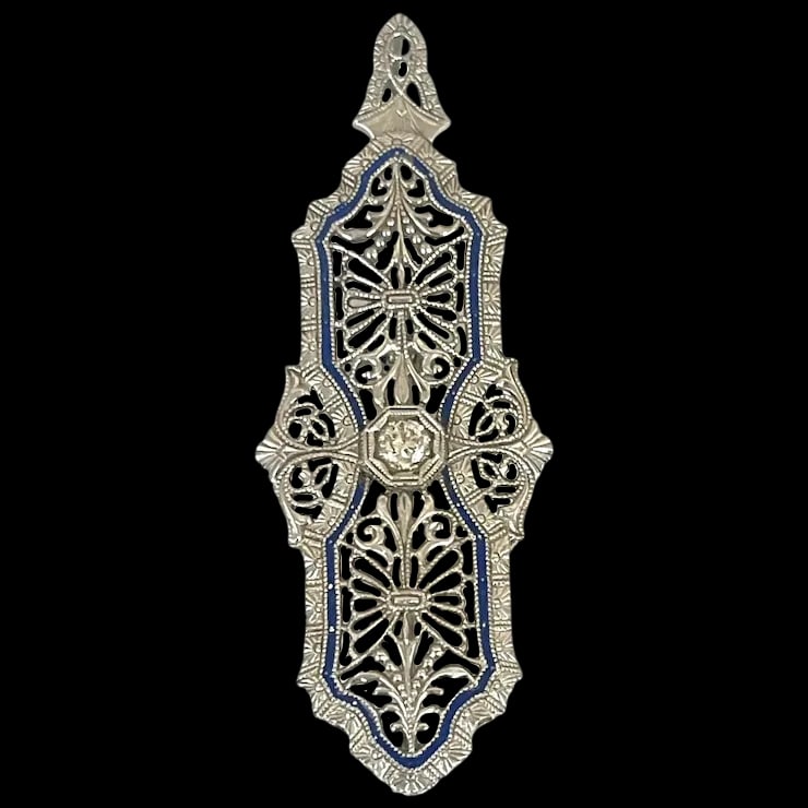 Vintage 14k White Gold Filigree Guilloche Enamel Diamond Retractable Pendant/ Brooch (1 of 17)