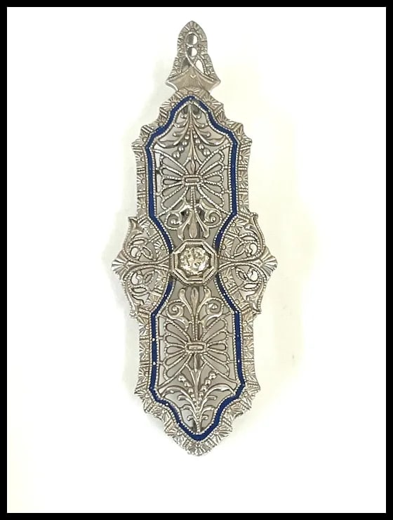 Vintage 14k White Gold Filigree Guilloche Enamel Diamond Retractable Pendant/ Brooch - 2