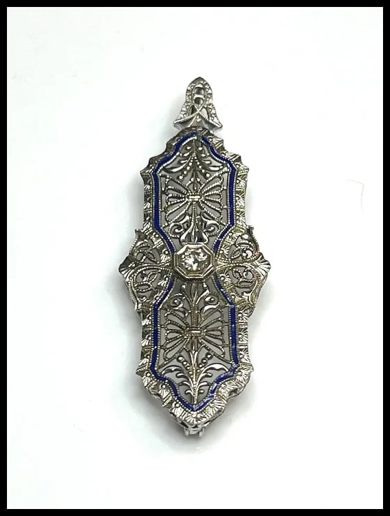Vintage 14k White Gold Filigree Guilloche Enamel Diamond Retractable Pendant/ Brooch - 3