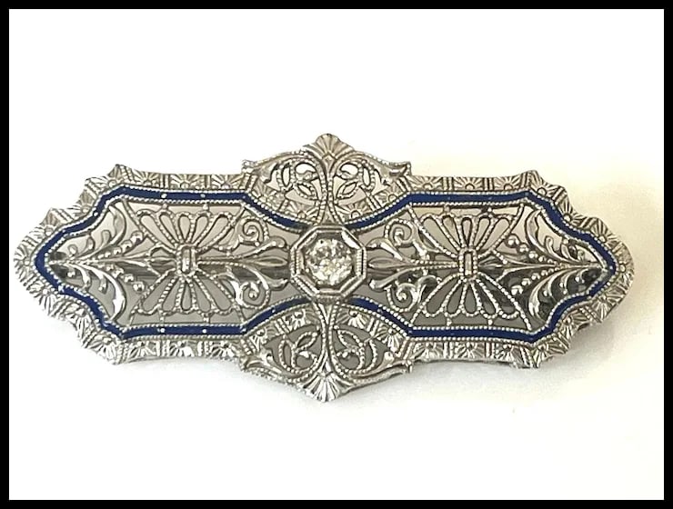 Vintage 14k White Gold Filigree Guilloche Enamel Diamond Retractable Pendant/ Brooch - 5