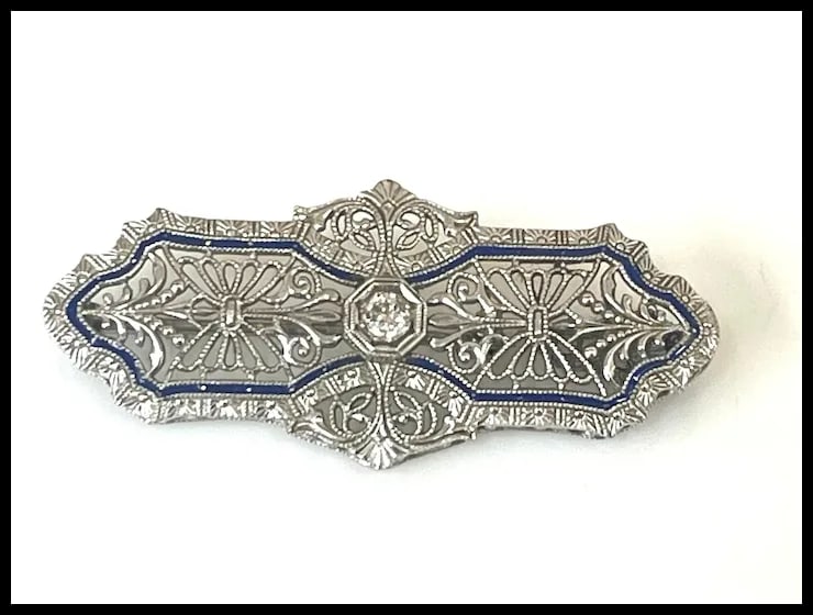 Vintage 14k White Gold Filigree Guilloche Enamel Diamond Retractable Pendant/ Brooch - 6