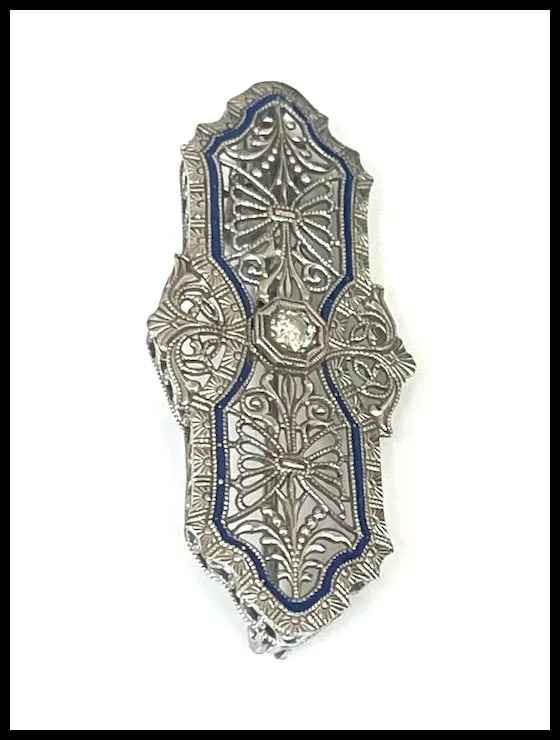 Vintage 14k White Gold Filigree Guilloche Enamel Diamond Retractable Pendant/ Brooch - 7
