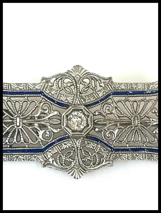 Vintage 14k White Gold Filigree Guilloche Enamel Diamond Retractable Pendant/ Brooch - 8