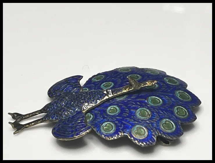Vintage Sterling Silver and Enamel Articulated Peacock Brooch/Pin - 6