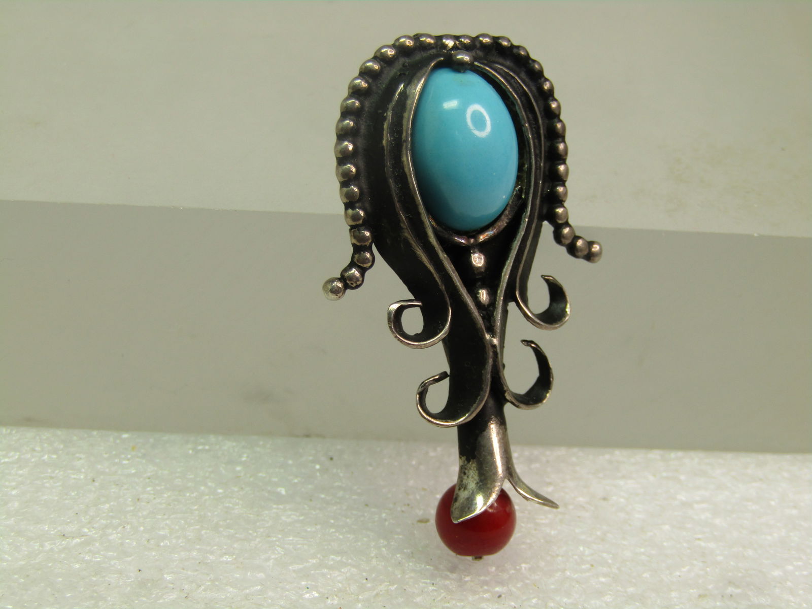 Vintage Sterling Southwestern Squash Blossom Pendant, Faux Turquoise/Coral, 1970's-1980's - 2