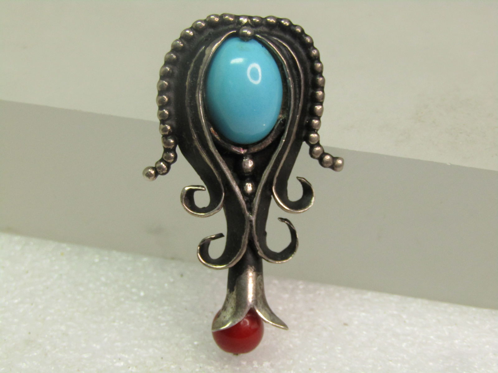 Vintage Sterling Southwestern Squash Blossom Pendant, Faux Turquoise/Coral, 1970's-1980's - 3