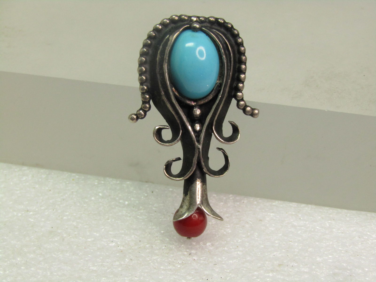 Vintage Sterling Southwestern Squash Blossom Pendant, Faux Turquoise/Coral, 1970's-1980's - 5