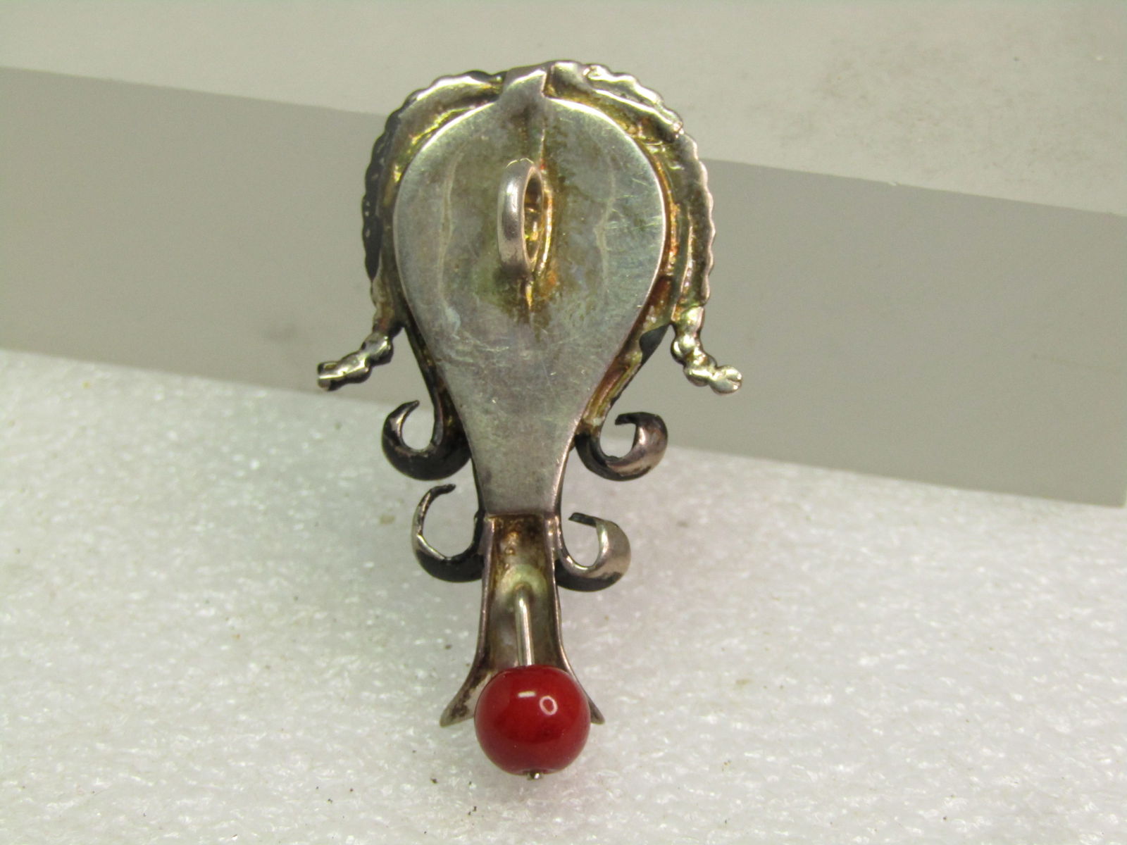 Vintage Sterling Southwestern Squash Blossom Pendant, Faux Turquoise/Coral, 1970's-1980's - 6