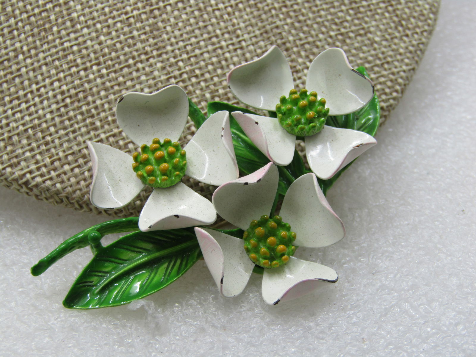 Vintage Enameled Dogwood Brooch, White/Green Mid-Century - 2