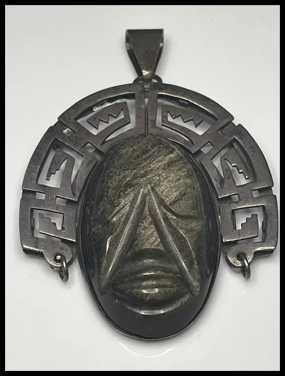 Large Vintage TAXCO 980 Sterling Silver and Carved Stone Brooch/Pin - 2