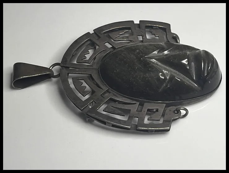 Large Vintage TAXCO 980 Sterling Silver and Carved Stone Brooch/Pin - 5