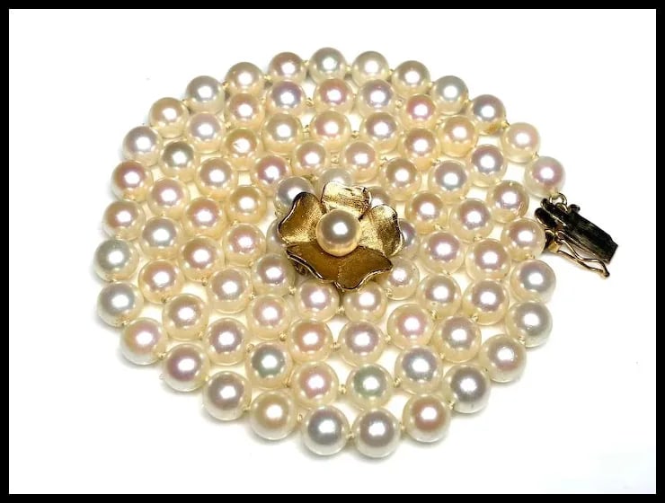 Vintage 14k Cultured Pearl Necklace with Flower Clasp Closure - 2