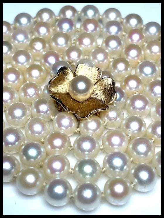 Vintage 14k Cultured Pearl Necklace with Flower Clasp Closure - 3