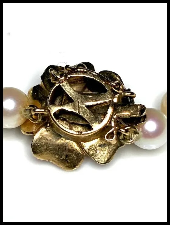 Vintage 14k Cultured Pearl Necklace with Flower Clasp Closure - 6