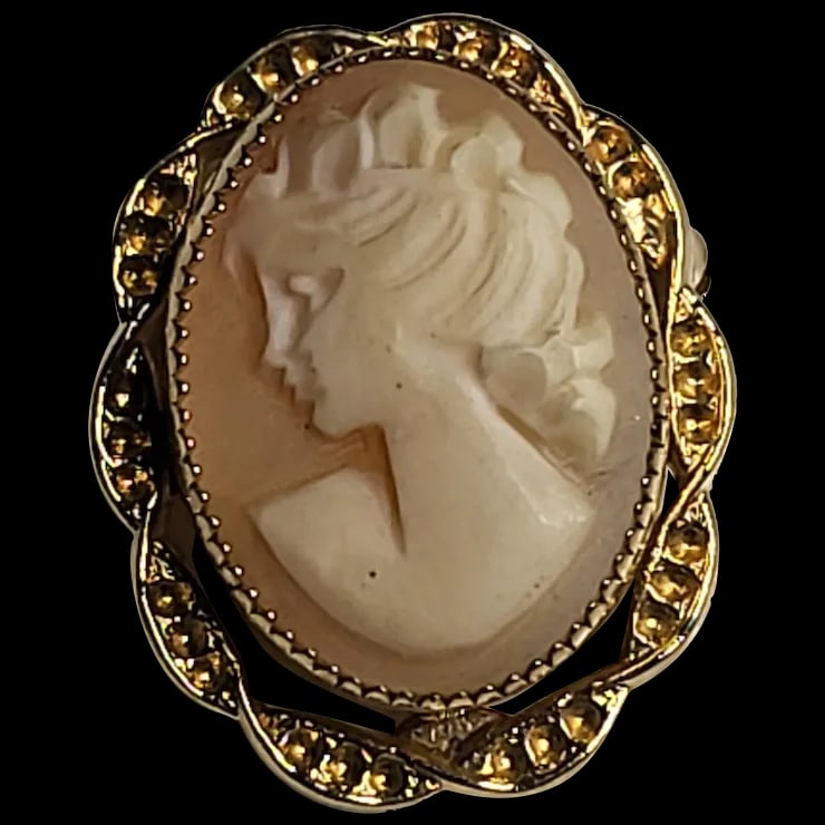 Vintage Gold Filled Cameo Pin/Brooch: Title: Vintage Gold Filled Cameo Pin/Brooch Description: Vintage Cameo Pin/Pendant/Brooch Hallmarked 1/20-12k G.F. Date/Period: vintage Materials: 1/20-12k G.F. Size: 1 x .78 inches Reserve: $75.00 Sh